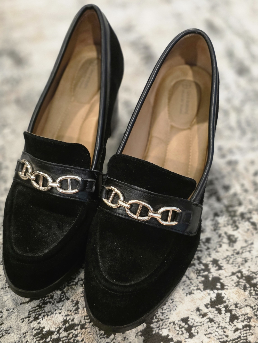 Giani Bernini Black Velvet Loafers with Gold Chain Accent